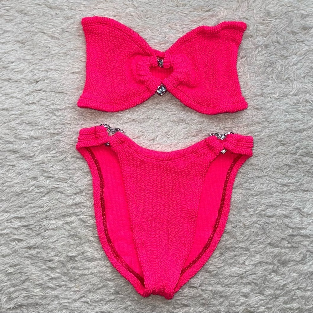 New Hunza G Nicole Pink Fuschia Bikini Set Crinkle Stretchy Hearts Silver Cute